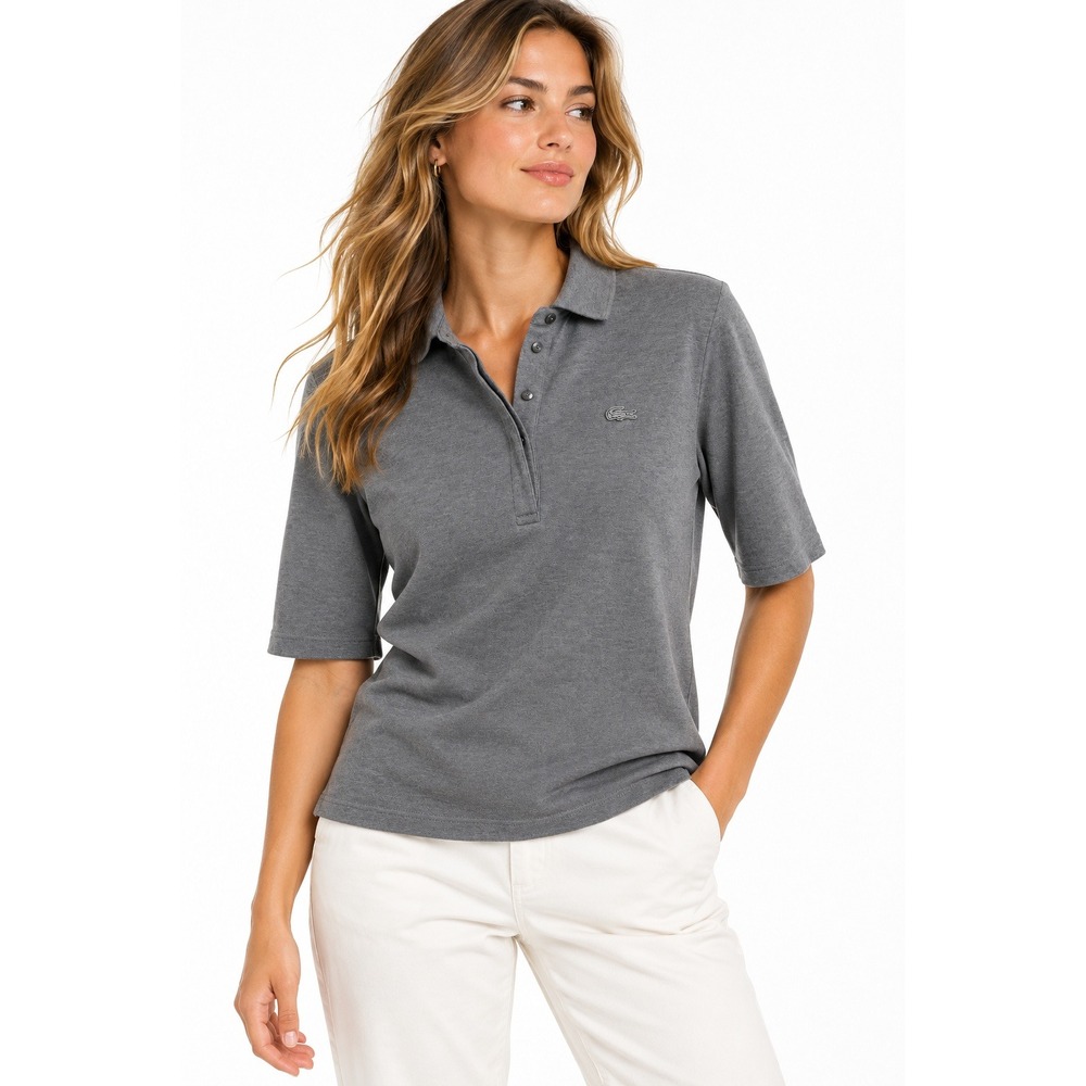 Lacoste Womens Half Sleeve Gray Short Sleeve Polo Shirt Size 44 Cotton Blend